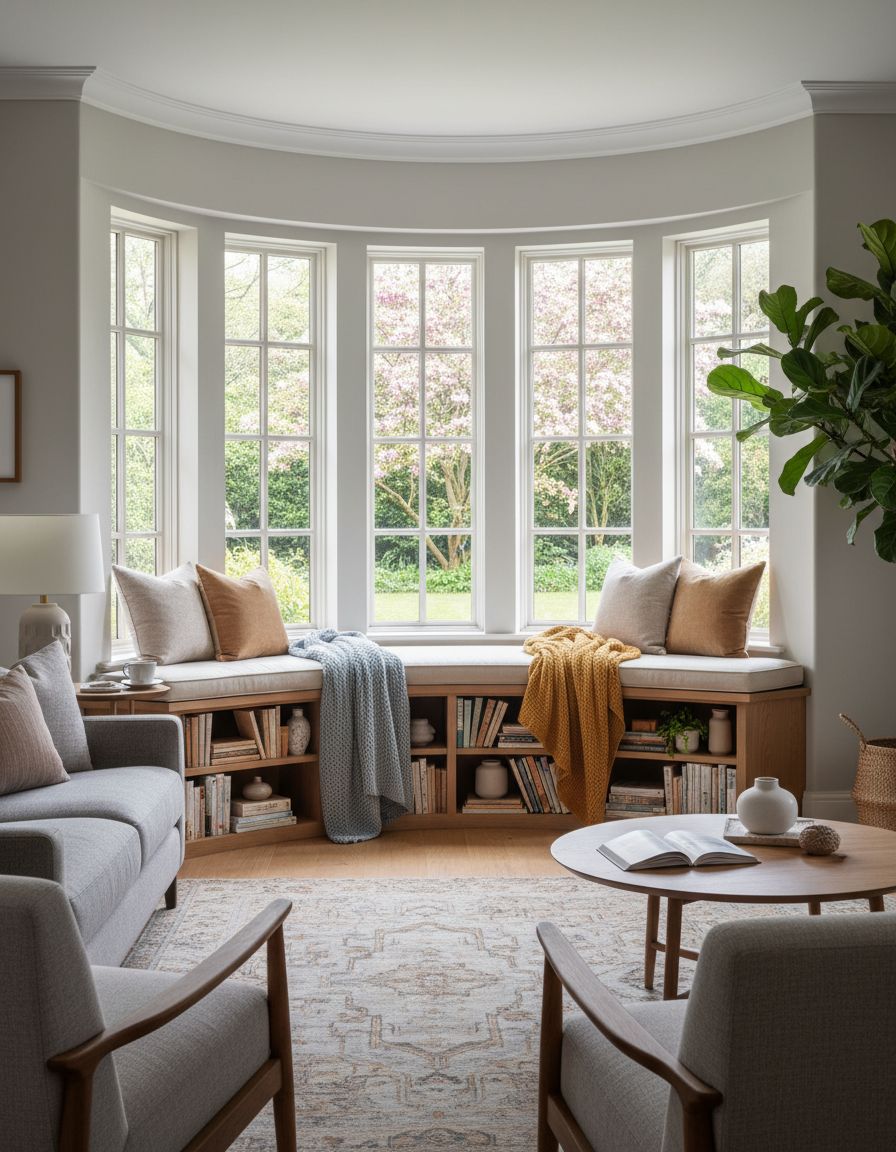Living Room with Bay Window Book Area