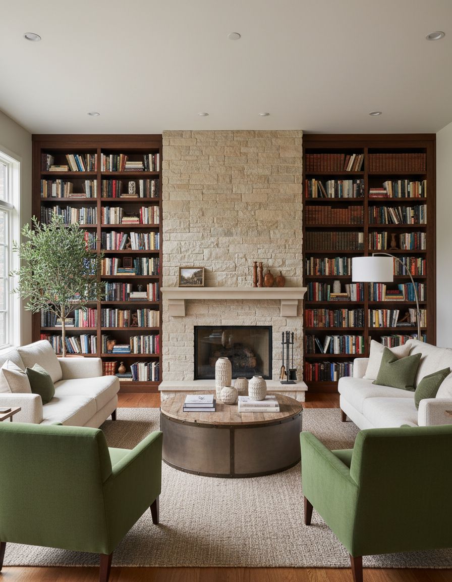 Living Room with Fireplace Book Walls
