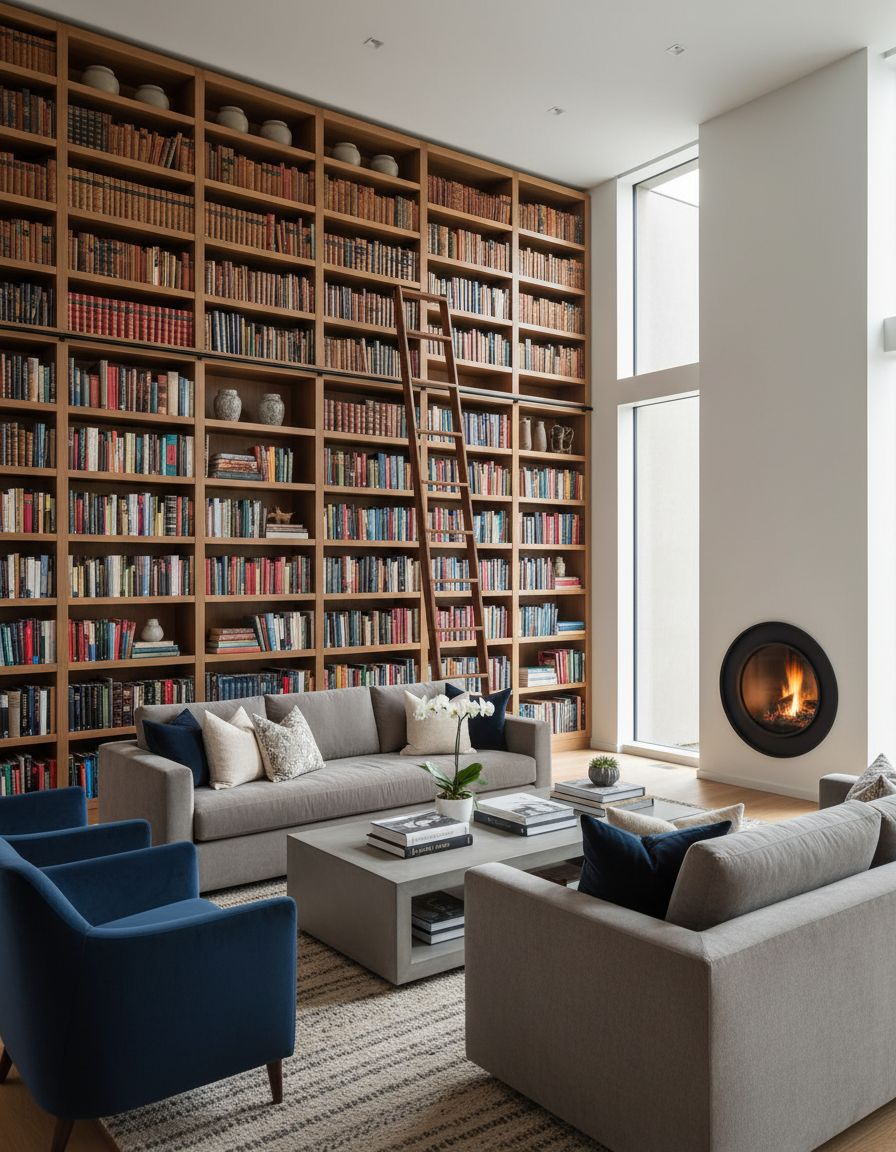 Living Room with Floor-to-Ceiling Book Shelves