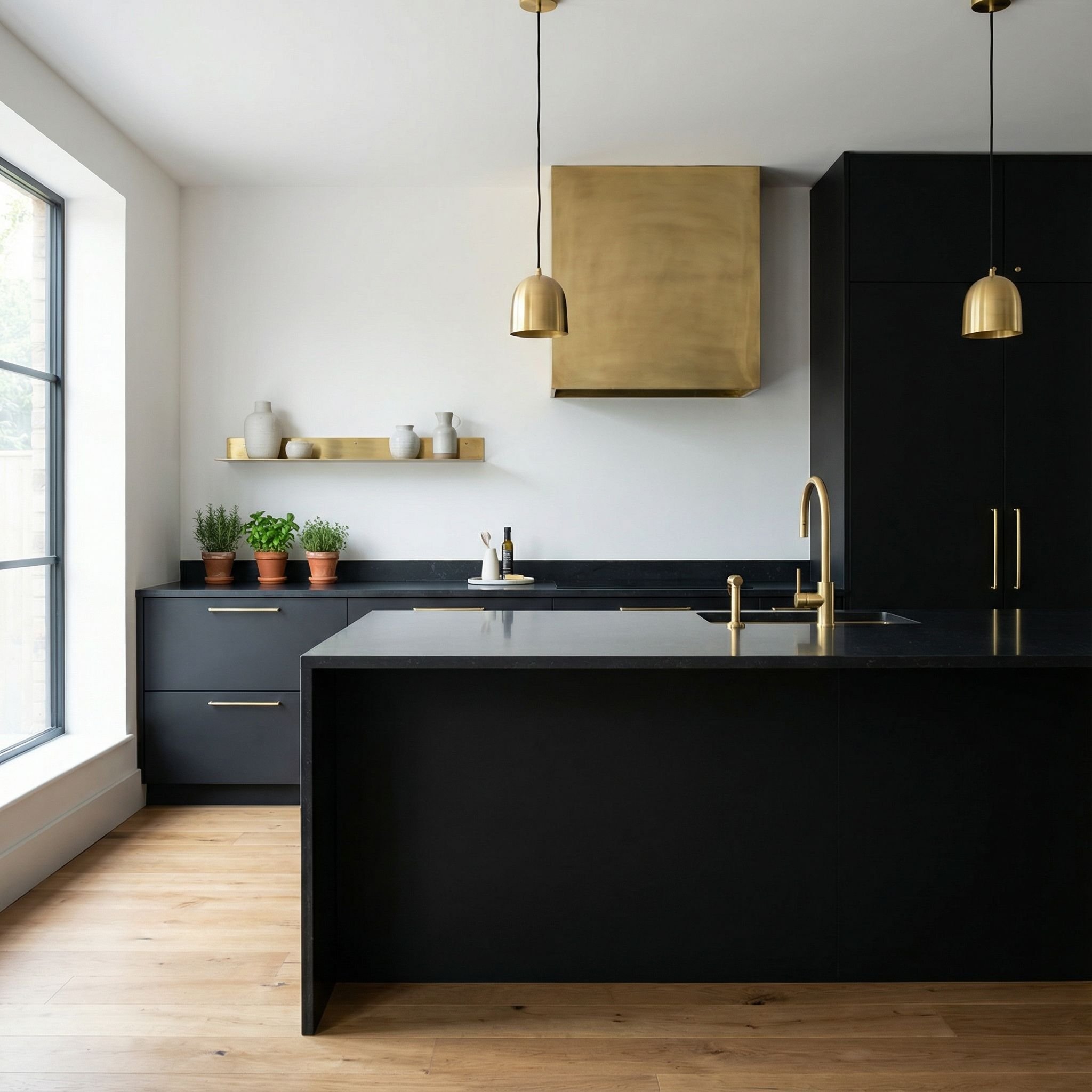 Luxe Matte Black Kitchen with Polished Brass