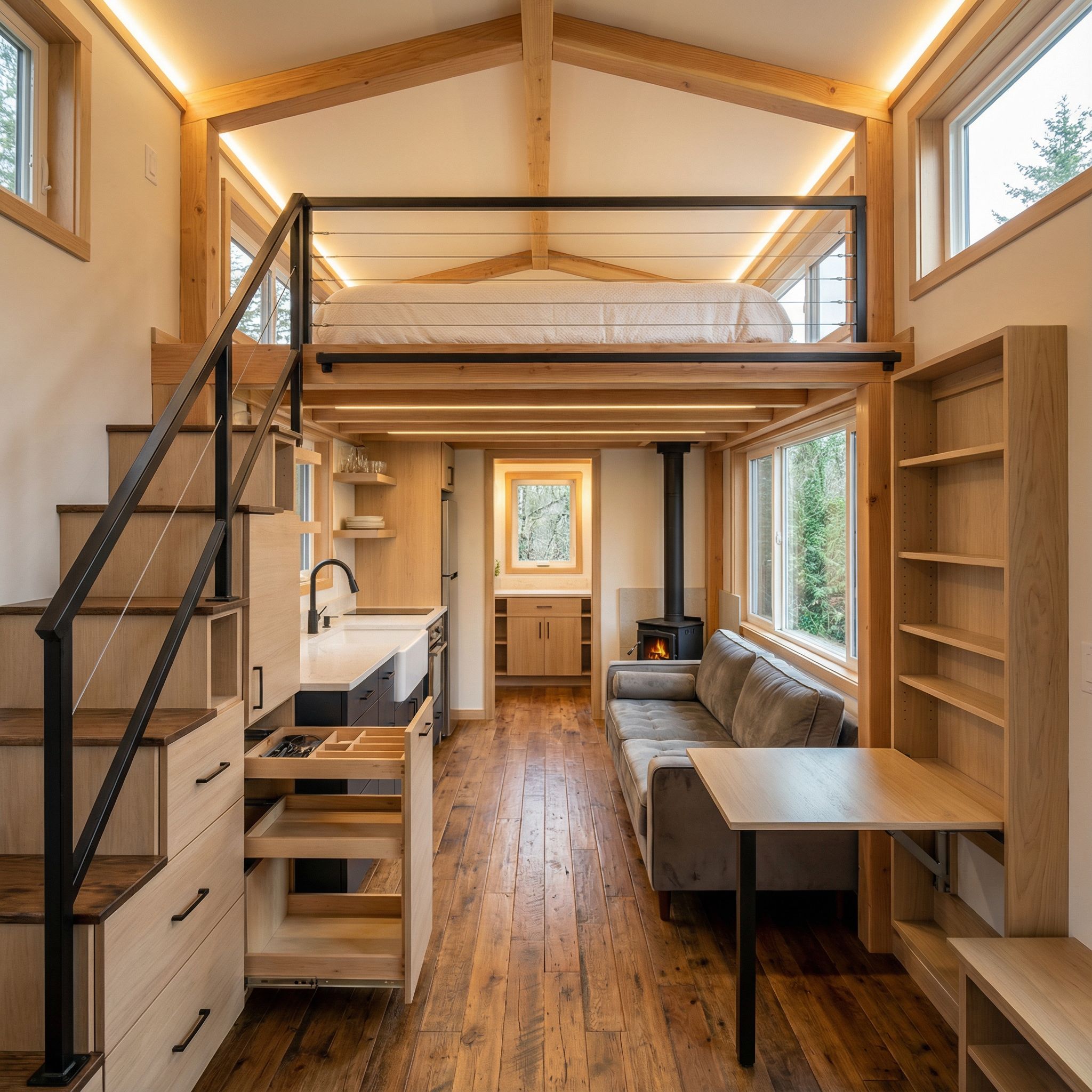 Luxury Tiny Home Interior with Loft Bed