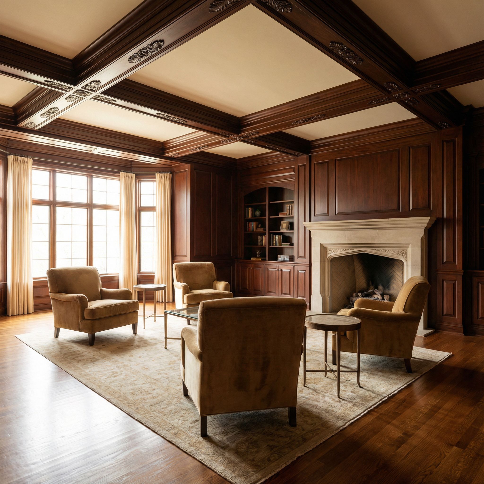 Mahogany Panel Living Room with Ornamental Ceiling Beam Details