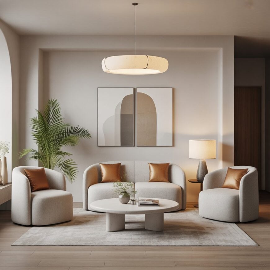 A modern living room with a curved sofa and two matching chairs, a round coffee table, neutral decor, a large pendant light, two abstract wall art pieces, and a potted plant in the corner.