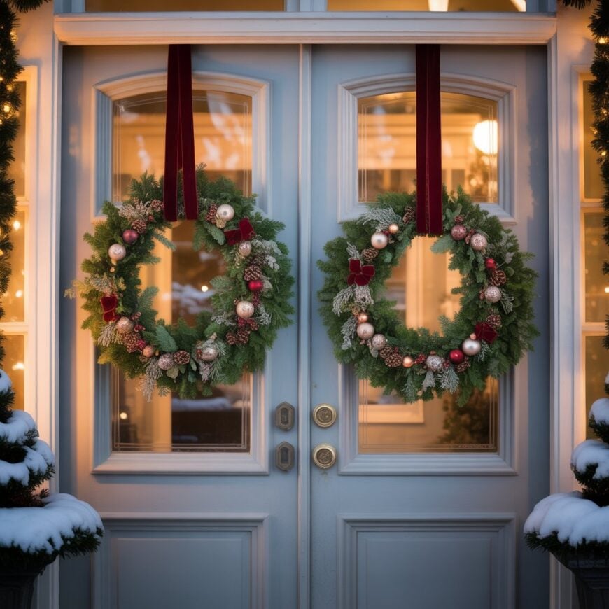 Two matching Christmas wreaths with ornaments hang on double front doors.