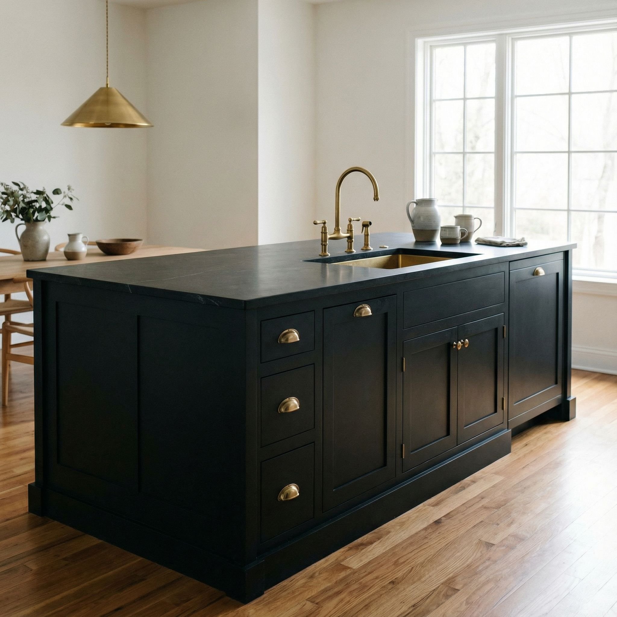 Matte Black Kitchen Island with Brass Hardware
