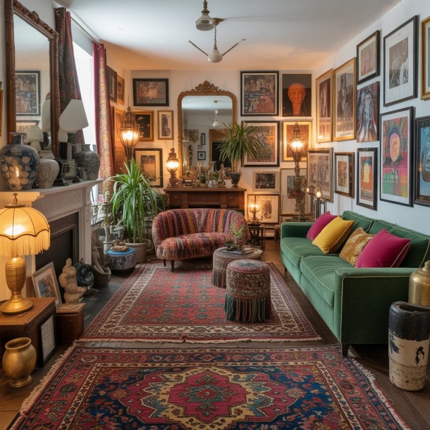 A colorful living room with patterned rugs, a green sofa with bright pillows, eclectic artwork covering the walls, vintage lamps, plants, and a small upholstered loveseat.