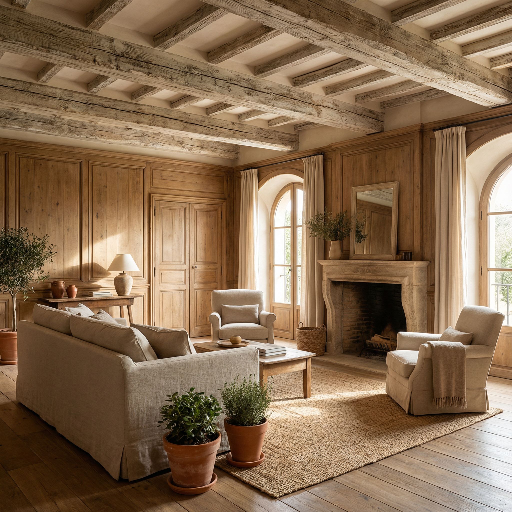 Mediterranean Wood Panelled Living Room with Distressed Ceiling Beams
