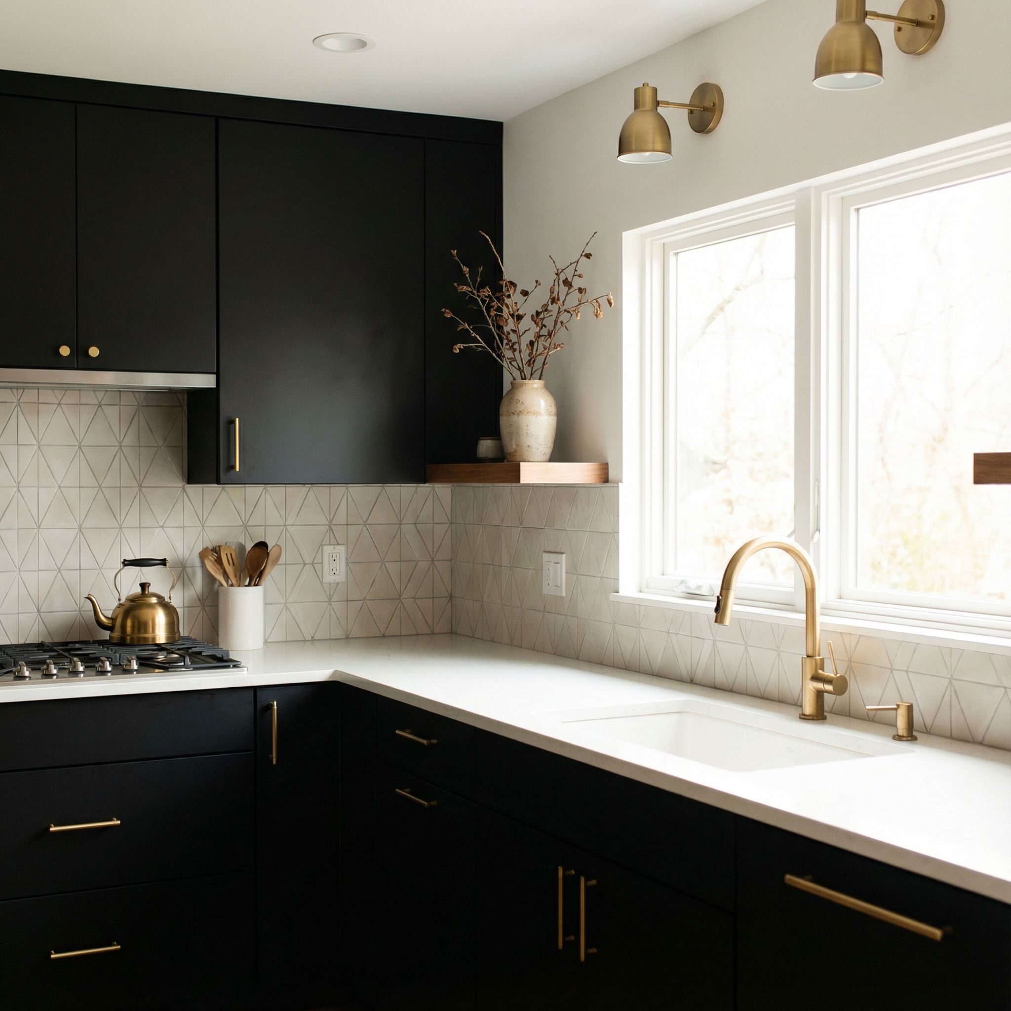 Mid-Century Matte Black Cabinets and Brass Touches