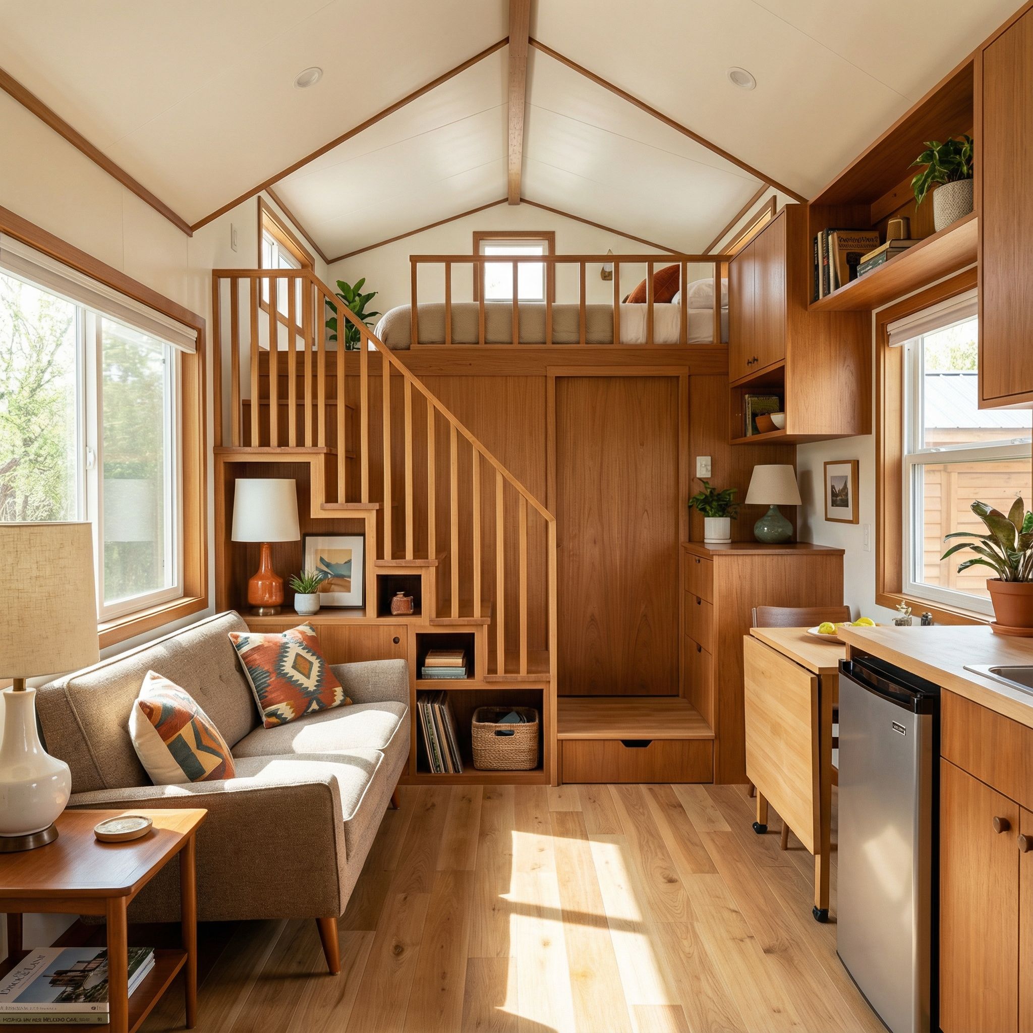Mid-Century Modern Tiny Home Loft Bed Interior