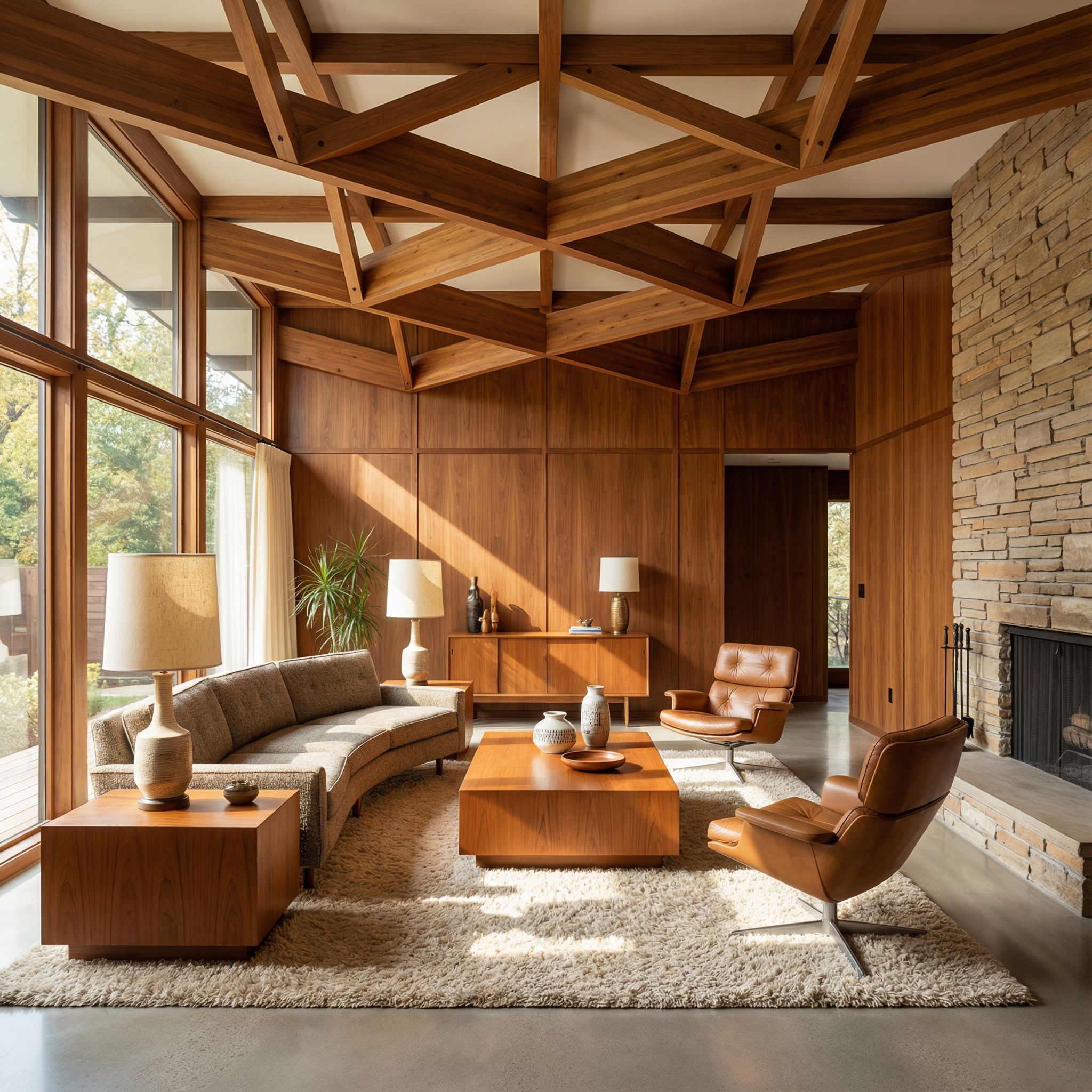 Mid-Century Wood Panelled Living Room with Geometric Beam Patterns