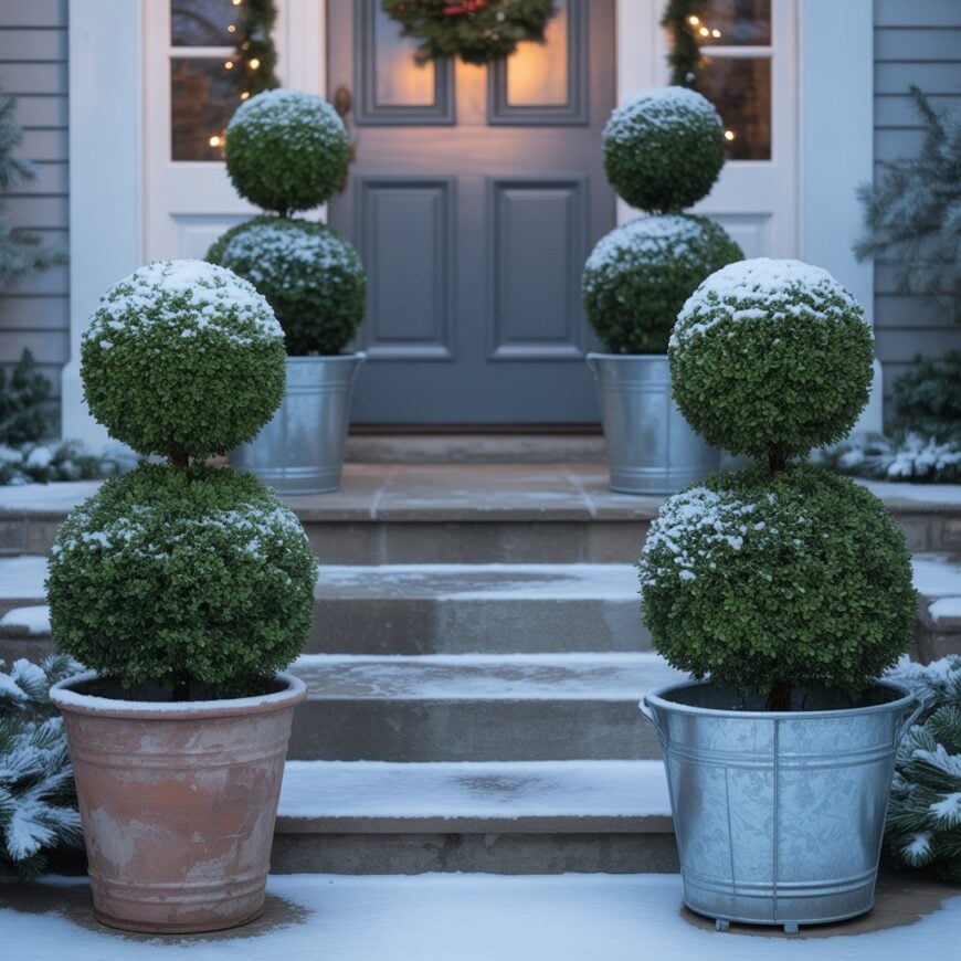 Snow-covered topiary plants in metal and clay pots line the steps leading to a front door.