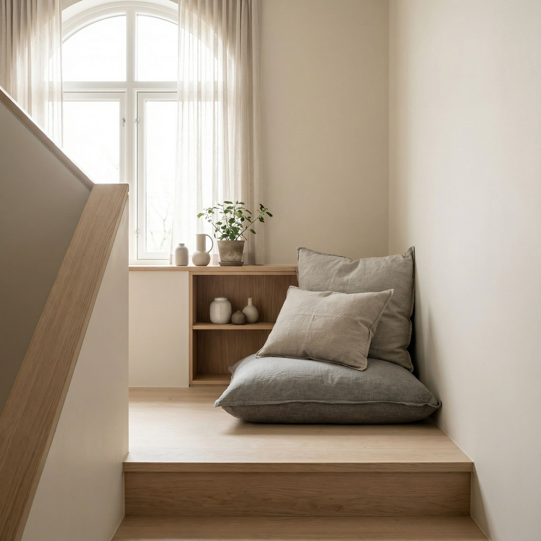 Minimalist Landing Reading Nook with Floor Cushions