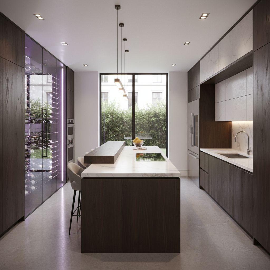 Modern $100,000 Kitchen Design with Glass-Enclosed Wine Cellar