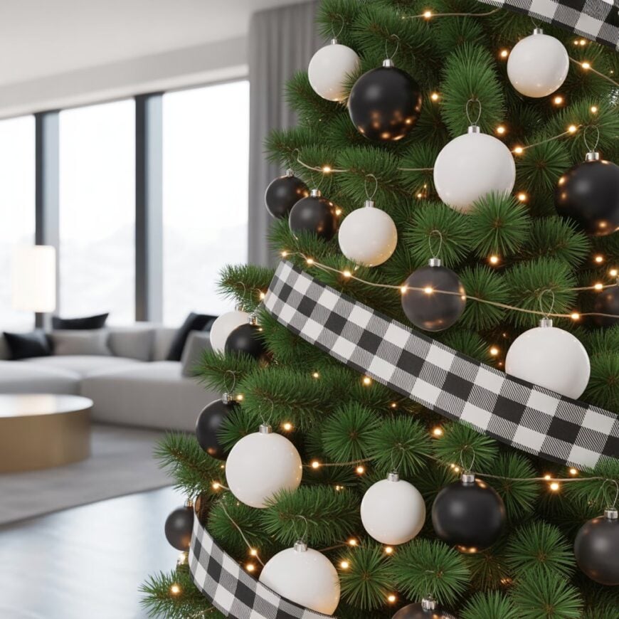 A Christmas tree decorated with black and white ornaments, plaid ribbon, and warm string lights in a modern living room.