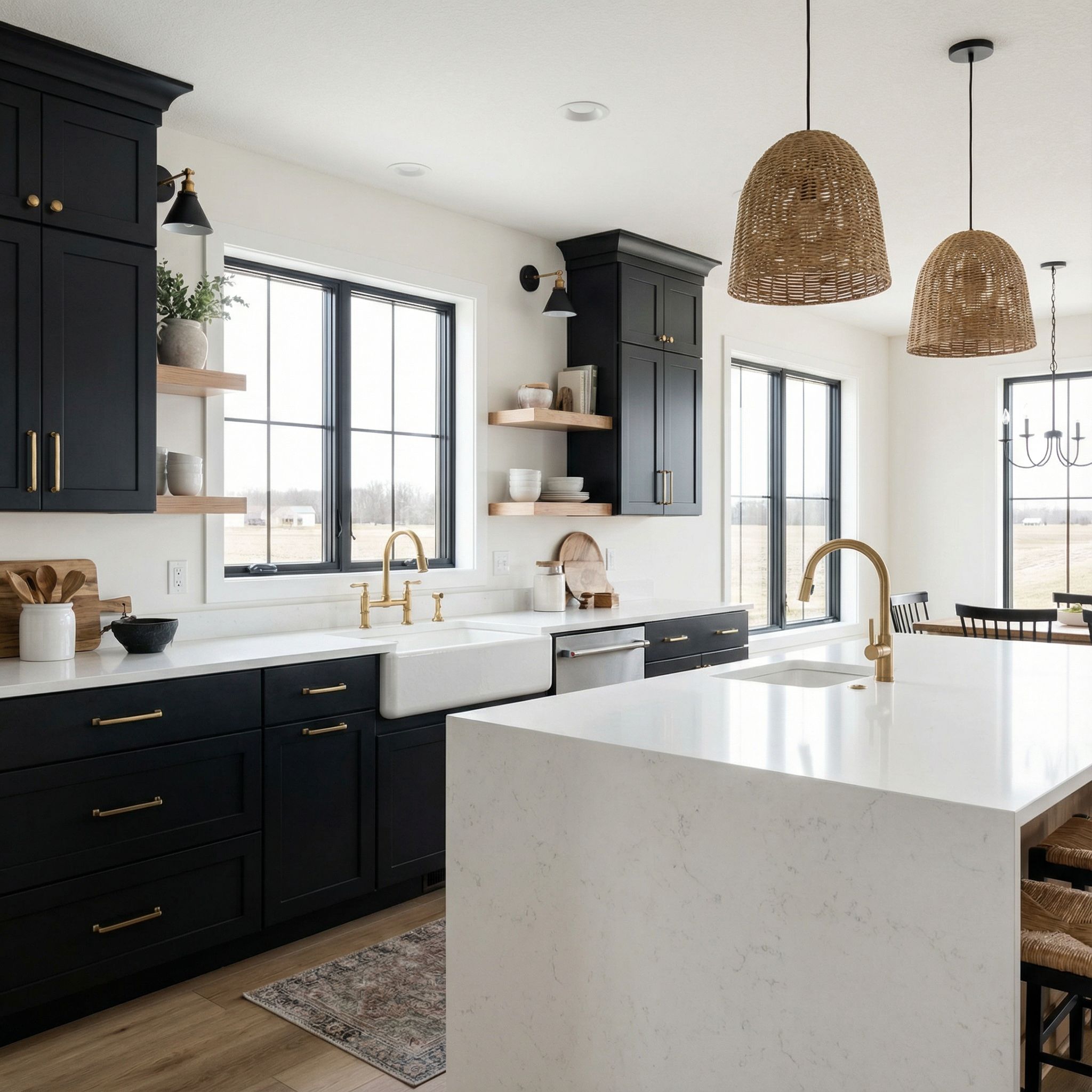 Modern Farmhouse Matte Black Cabinets and Brass