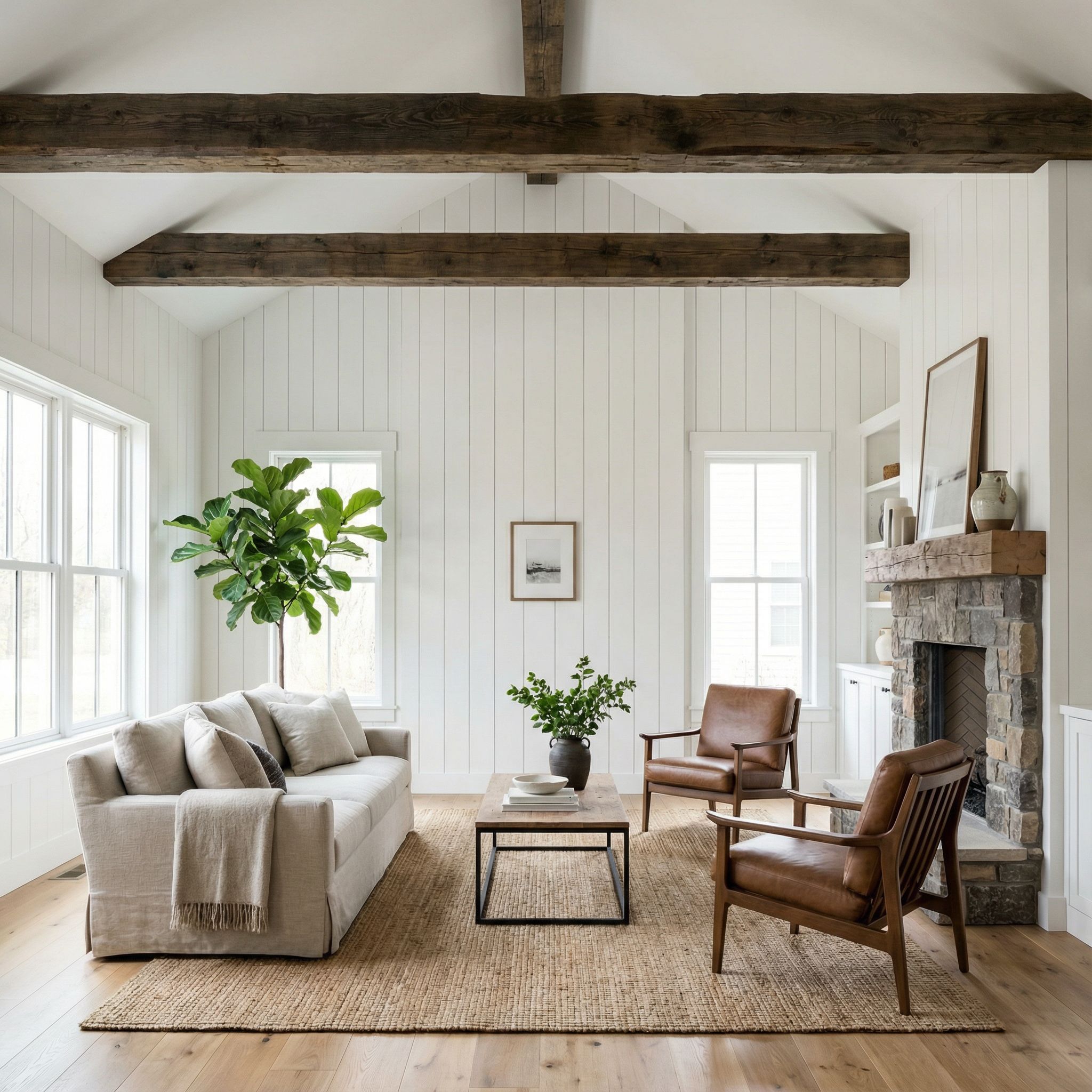 Modern Farmhouse Wood Panel Living Room with Contrasting Beams