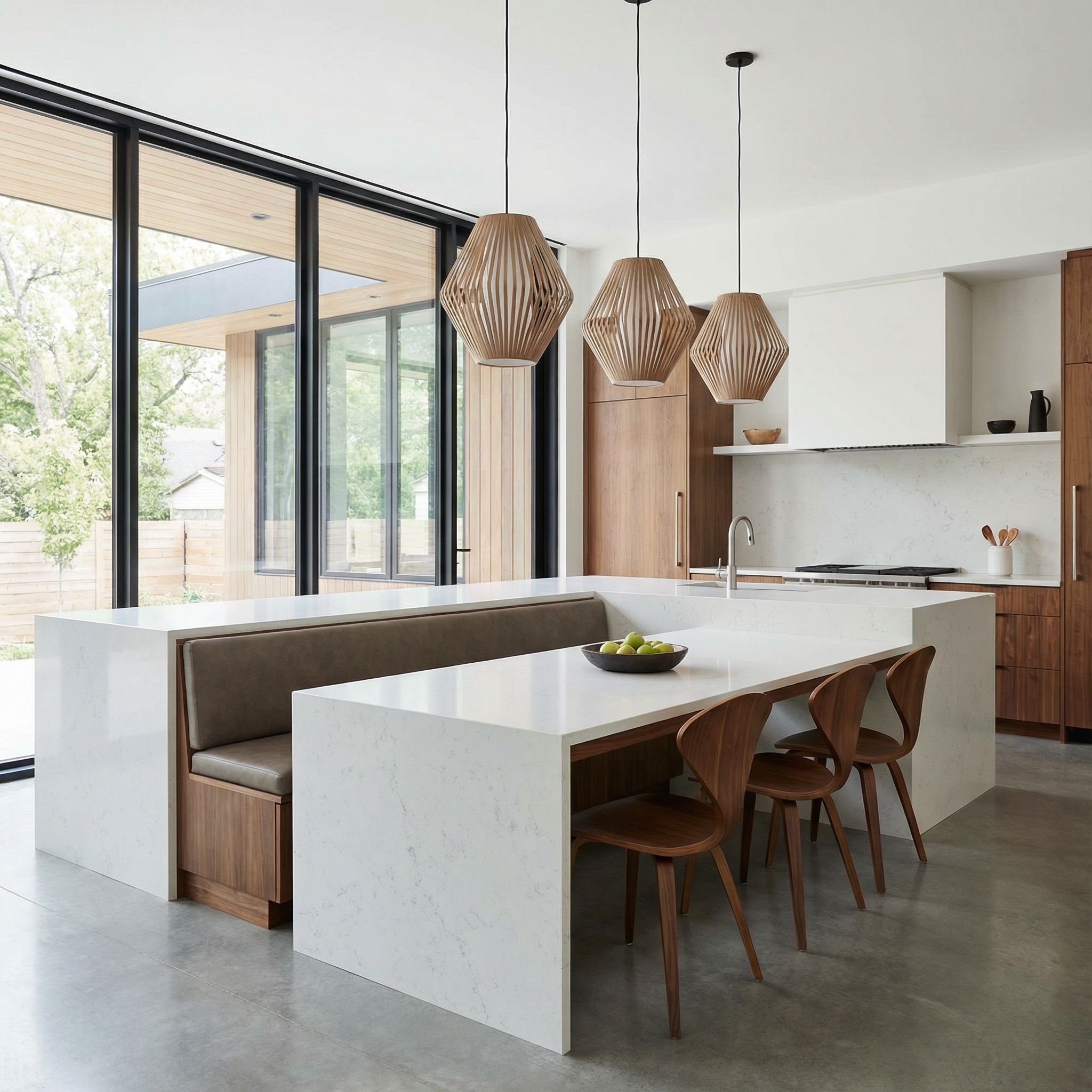 Modern Kitchen Island Dining Nook with Pendant Lighting