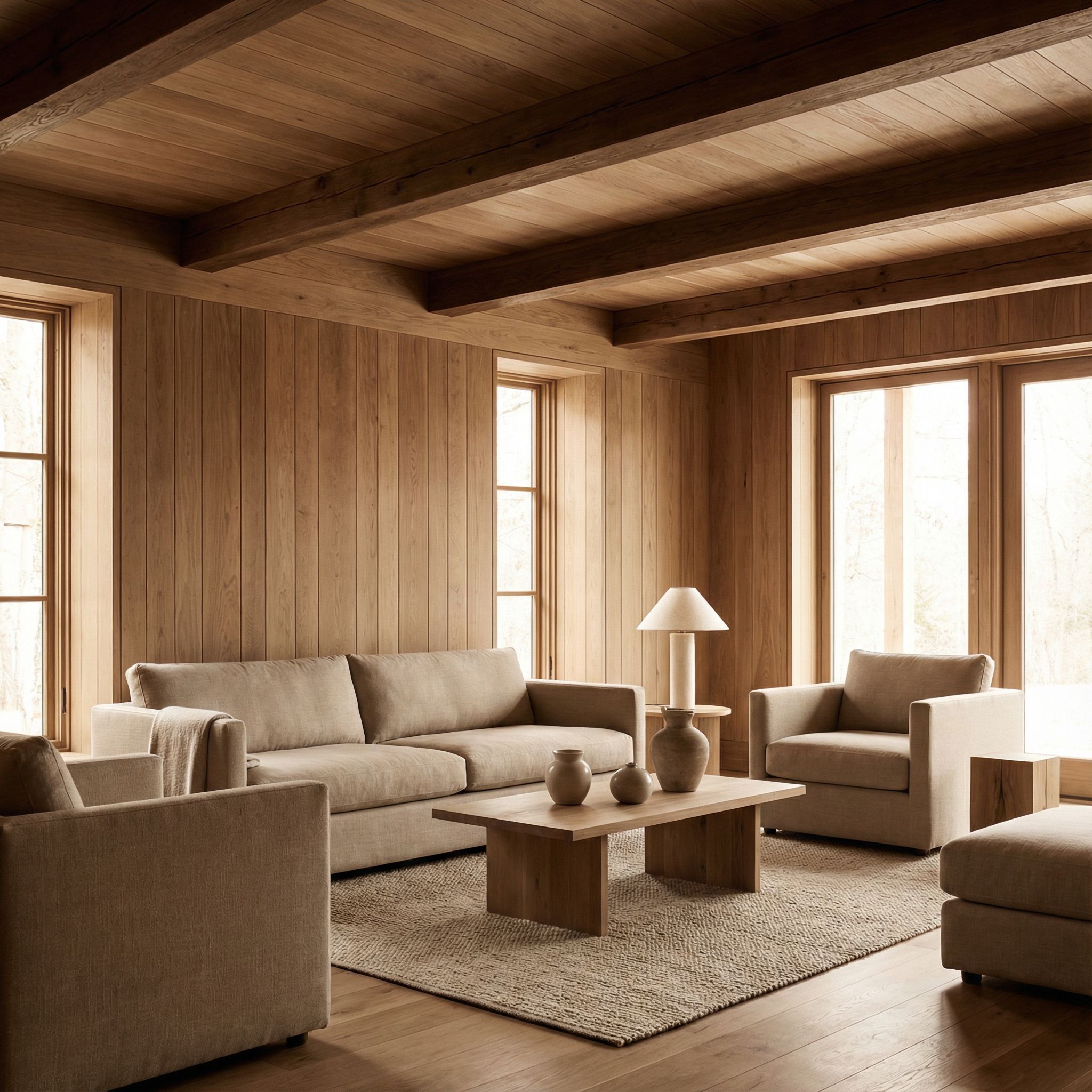 Monochromatic Wood Panelled Living Room with Tonal Beam Treatment