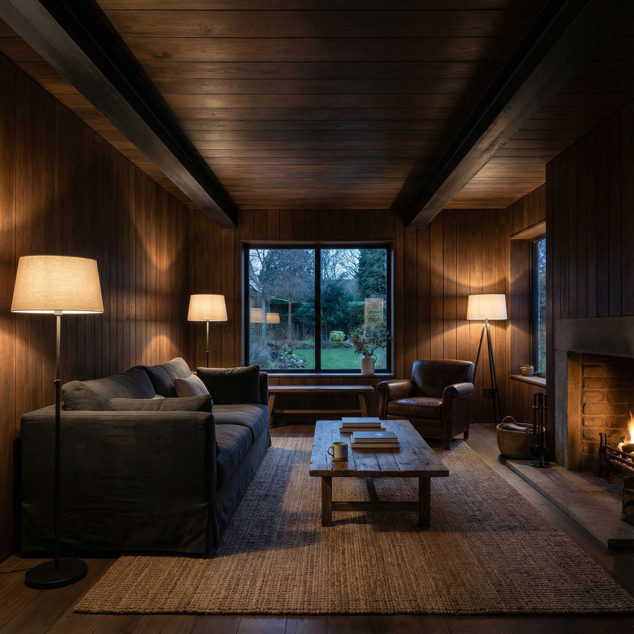 Moody Wood Panelled Living Room with Blackened Steel Beams