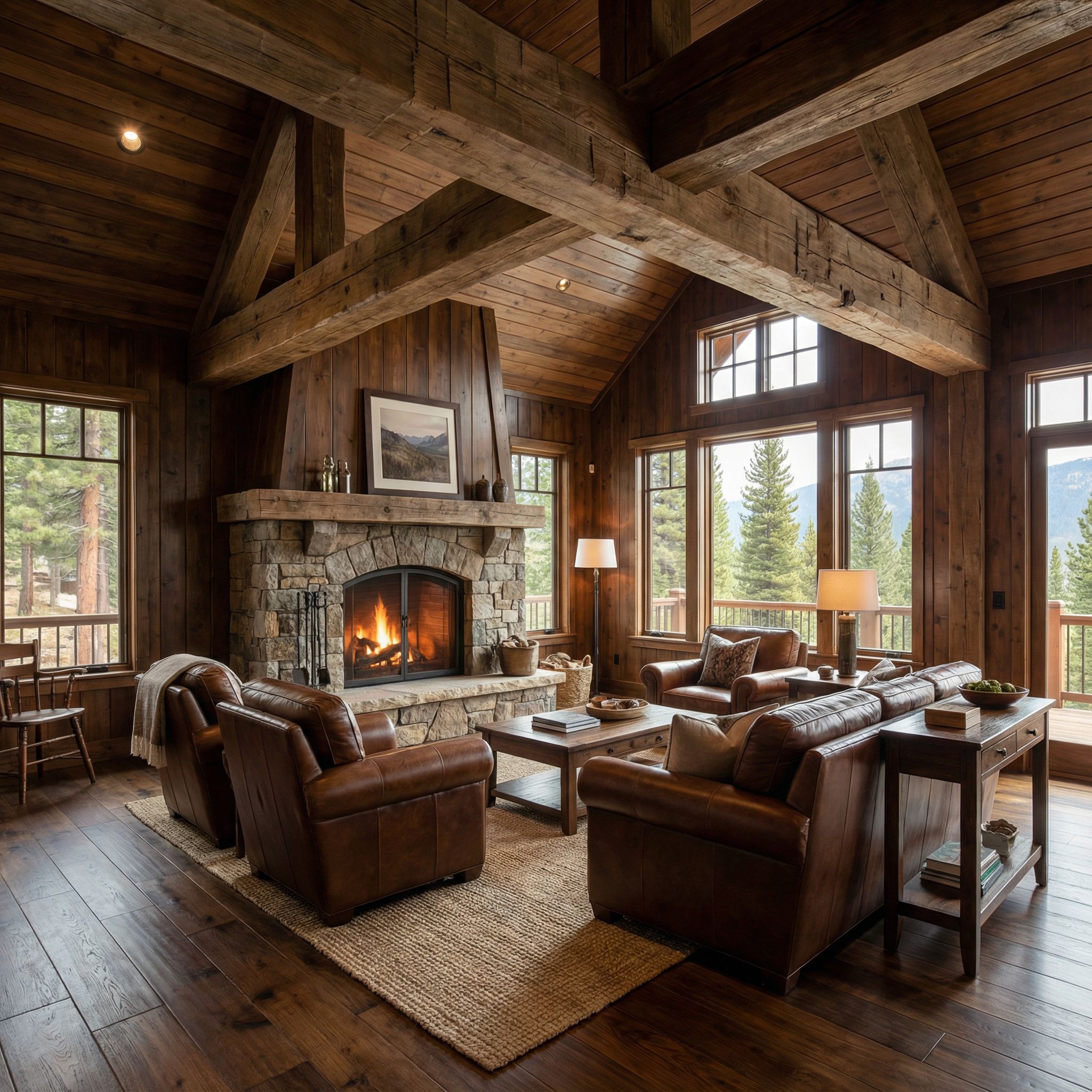 Mountain Lodge Wood Panelled Living Room with Massive Timber Beams