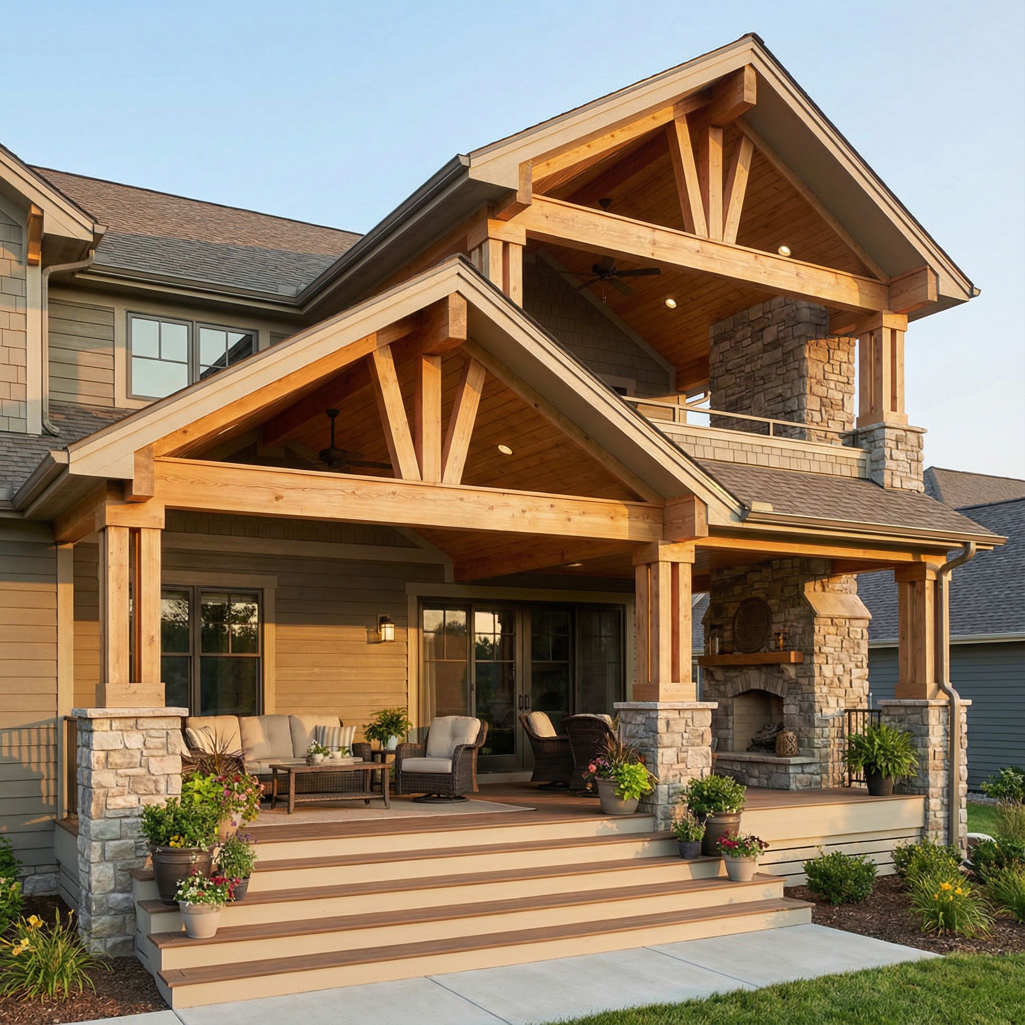 Multi-Level Covered Front Porch Design