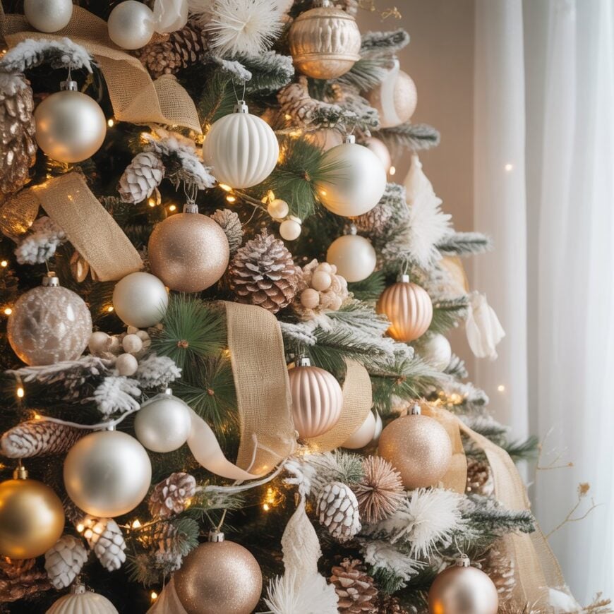 A Christmas tree decorated with gold and white ornaments, pinecones, ribbon, and warm lights.