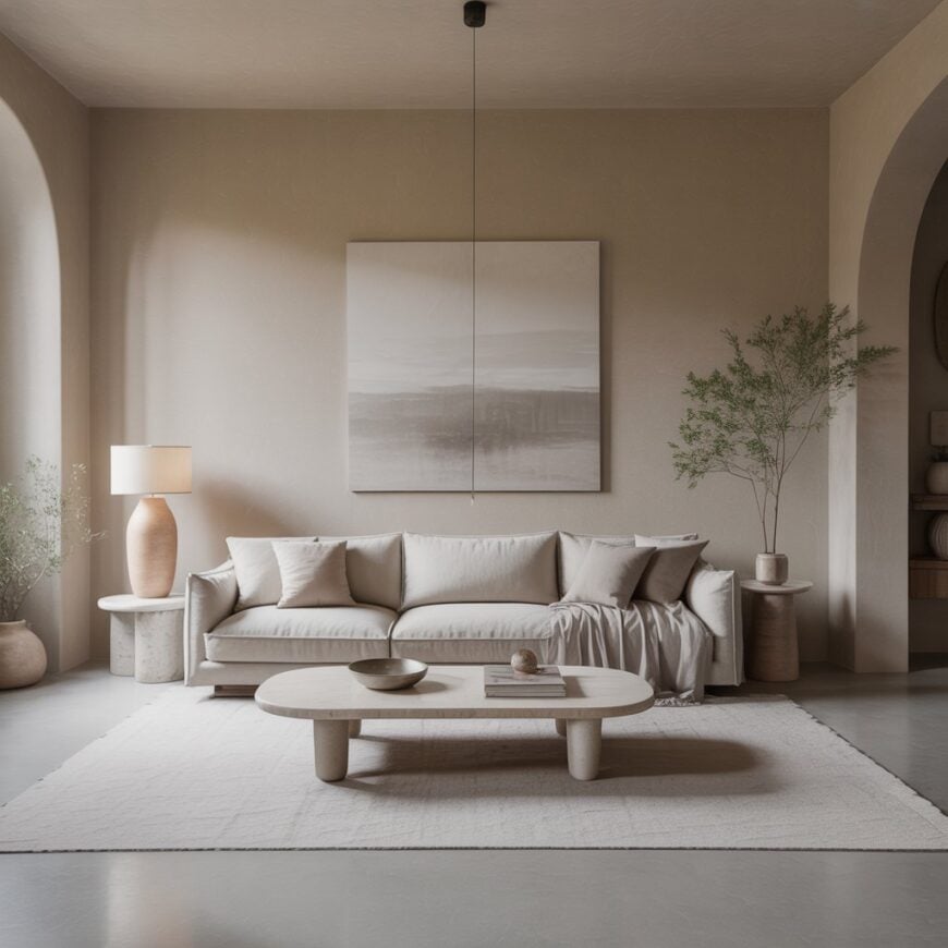 A minimalist living room with a light beige sofa, neutral pillows, a low oval coffee table, soft lighting, simple artwork, and potted greenery on each side.