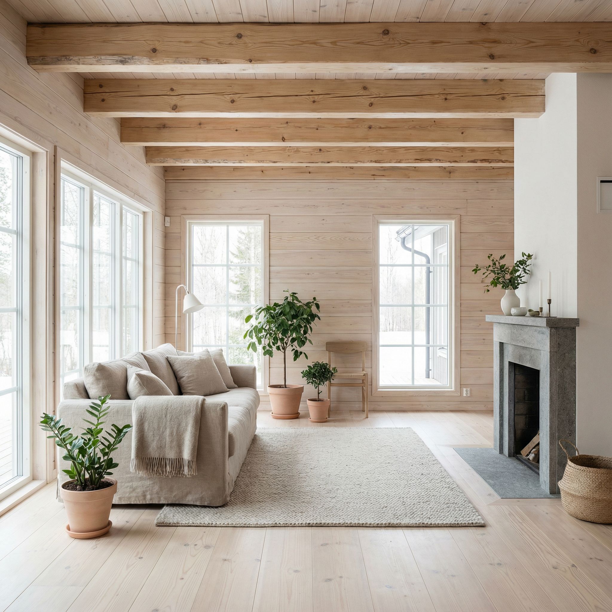 Nordic Wood Panelled Living Room with Pine Ceiling Beams