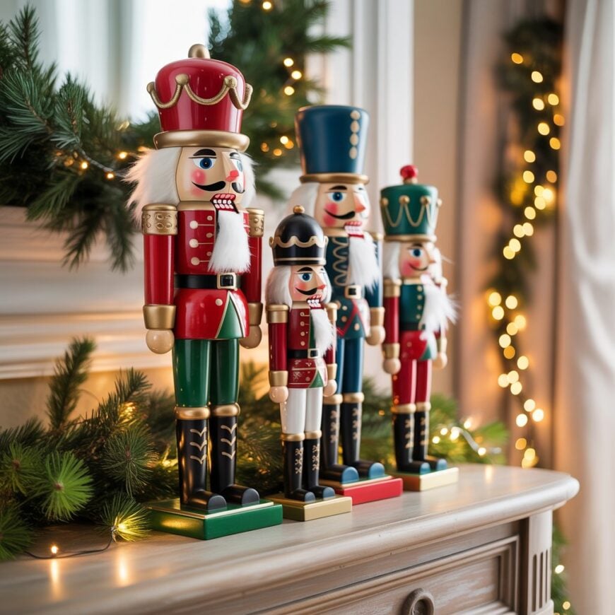 Set of colorful nutcracker figurines displayed on a console table with greenery and string lights.