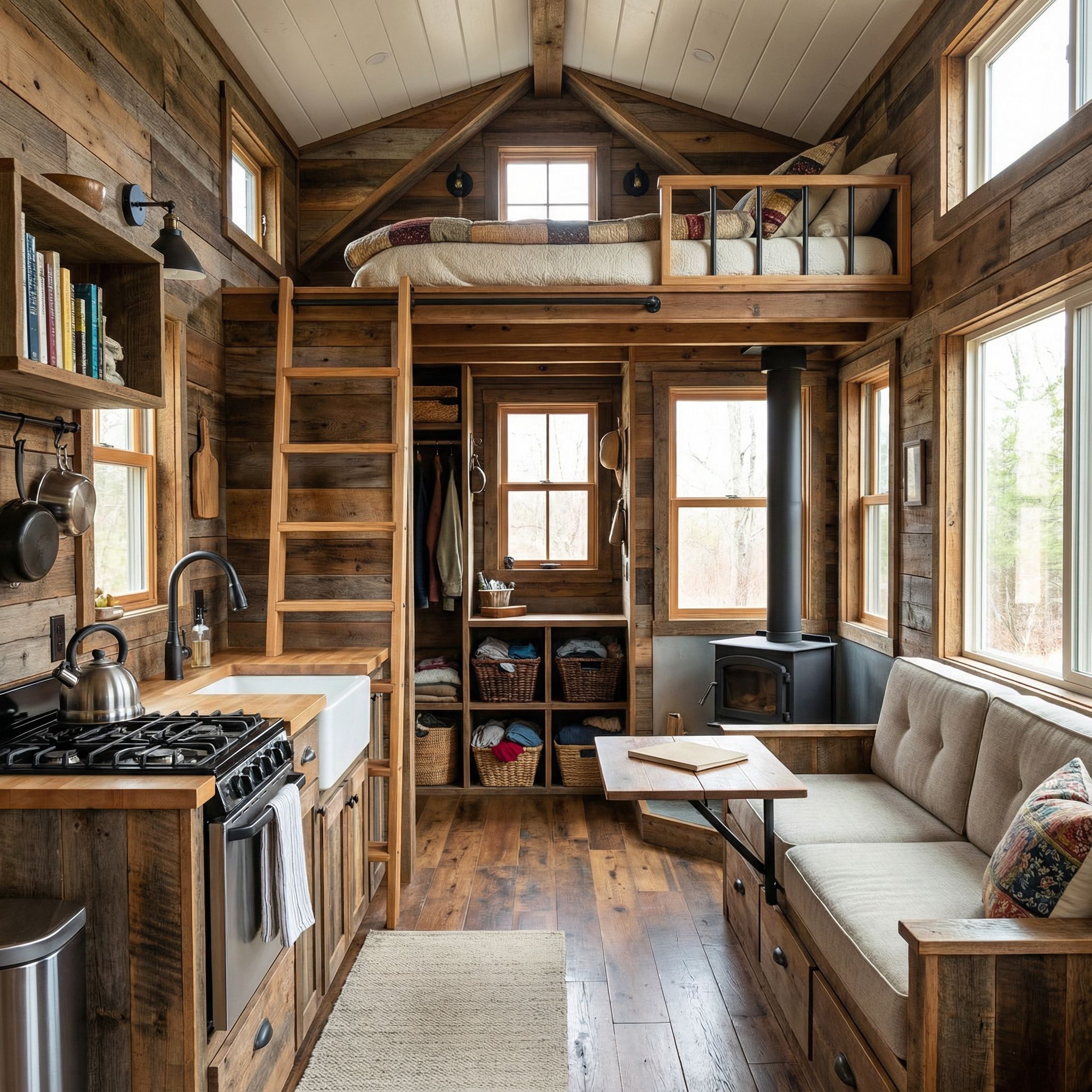 Off-Grid Tiny Home Interior with Loft Bed