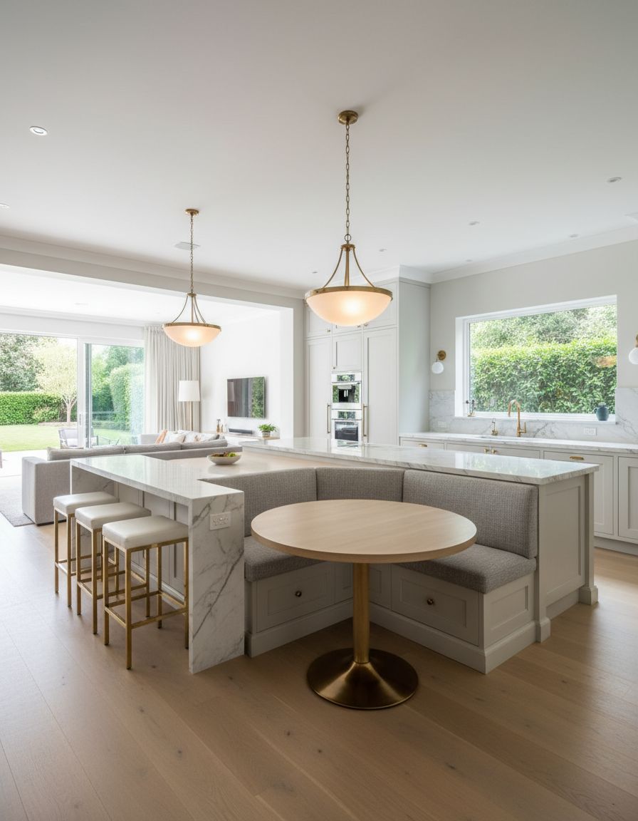 Open-Concept Kitchen Island Banquette with Bar Stools