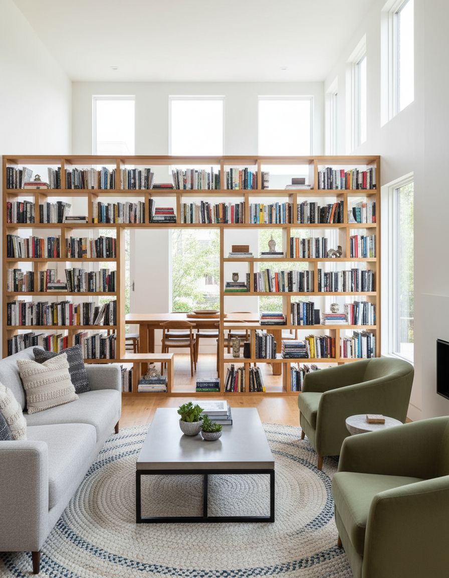 Open-Concept Living Room with Book Divider