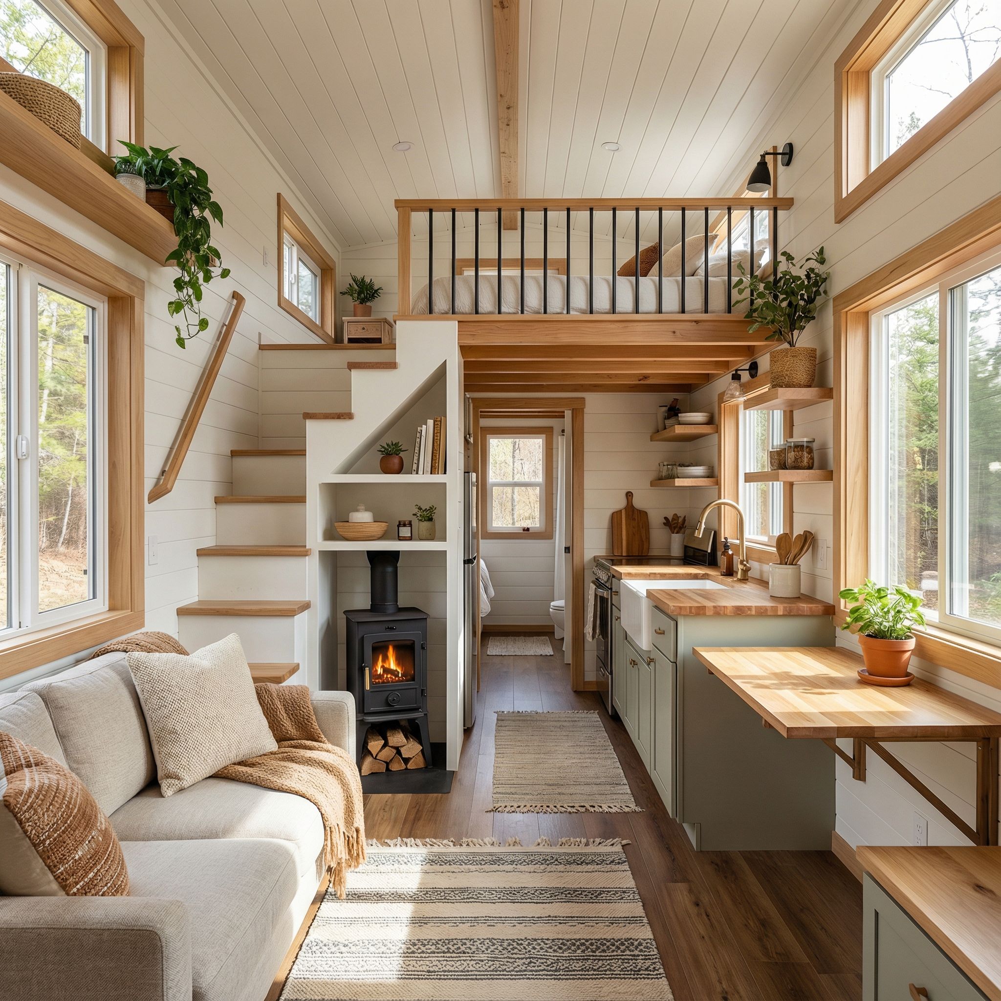 Open-Concept Tiny Home Interior with Loft Bed