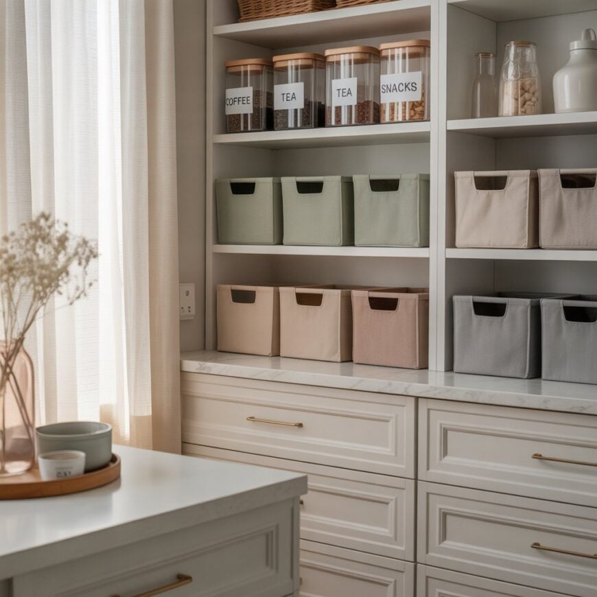 An organized pantry with labeled jars, fabric storage bins, white cabinetry, and soft natural light from a nearby window.