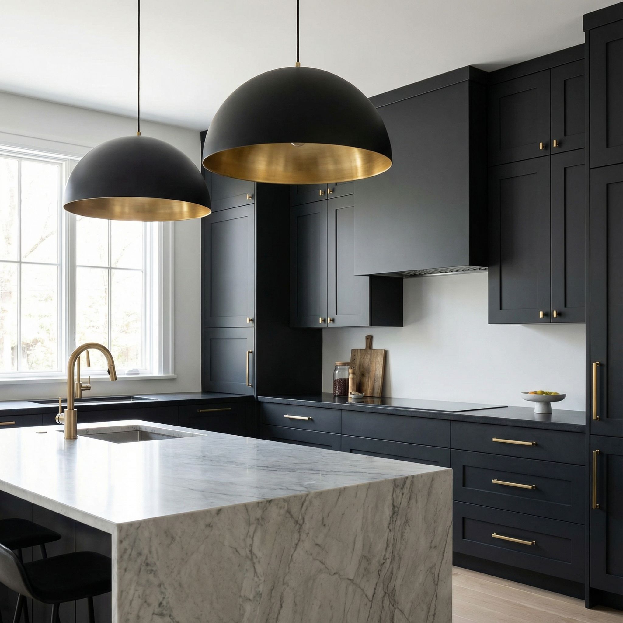 Pendant Light Matte Black Cabinets with Brass