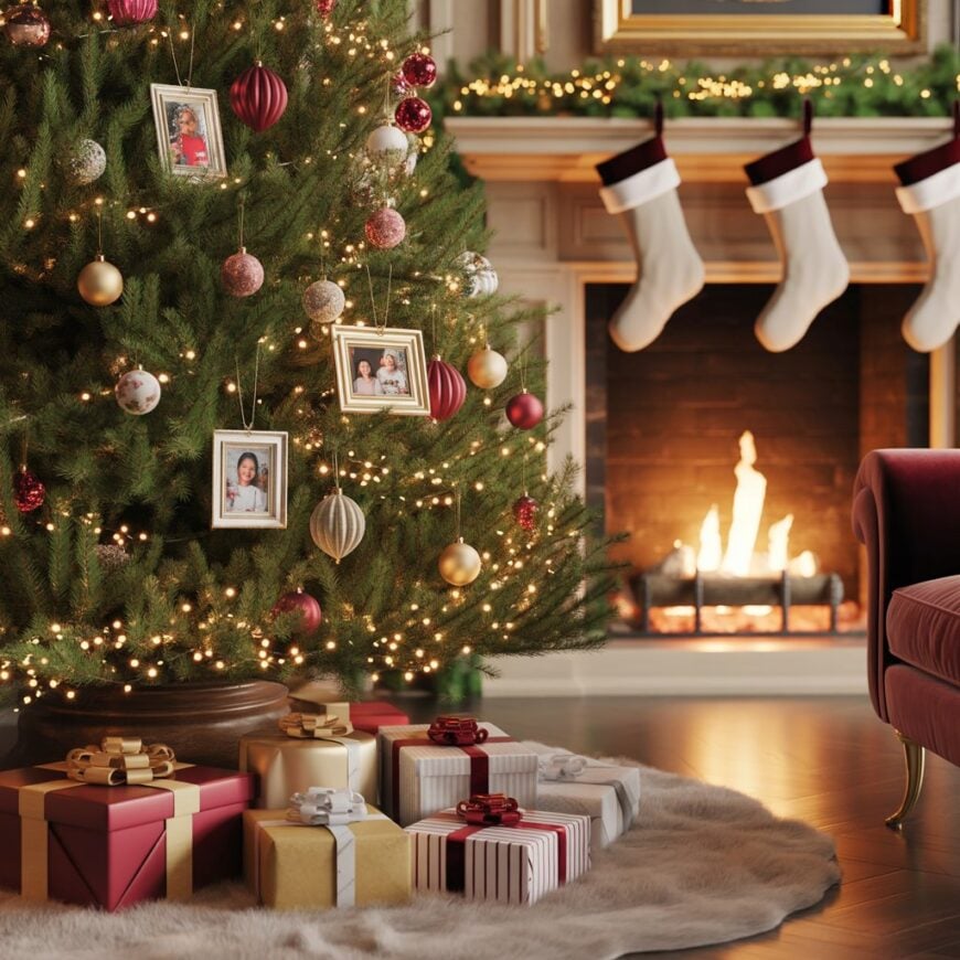 A decorated Christmas tree with photo and bauble ornaments stands beside a fireplace with stockings and wrapped gifts underneath.