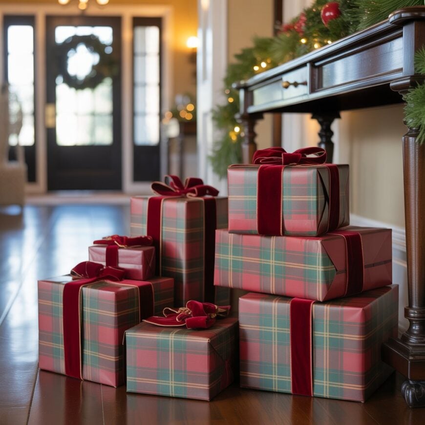 Stack of plaid-wrapped gifts with red velvet ribbons placed in an entryway beside a decorated console table.