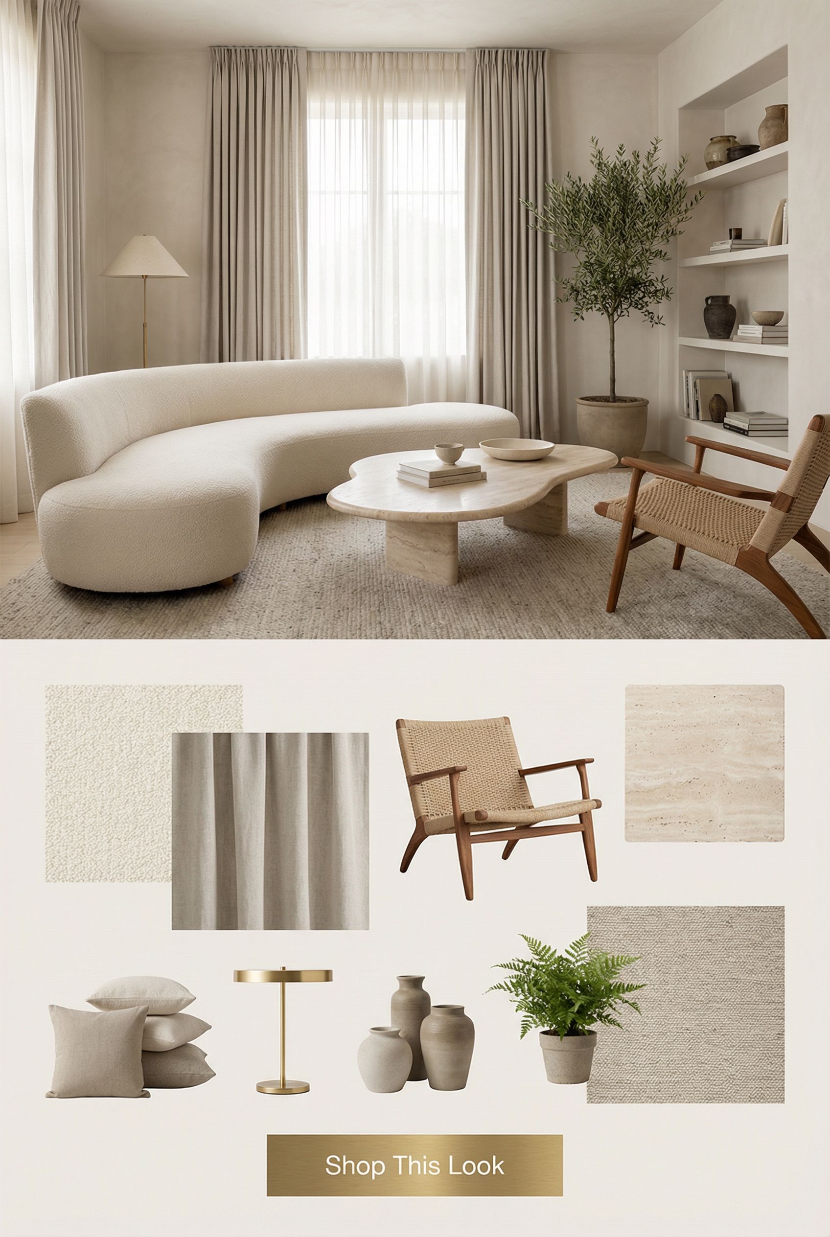 Quiet Luxury Living Room with Cream Sofa and Light Beige Look Throughout (Moodboard)