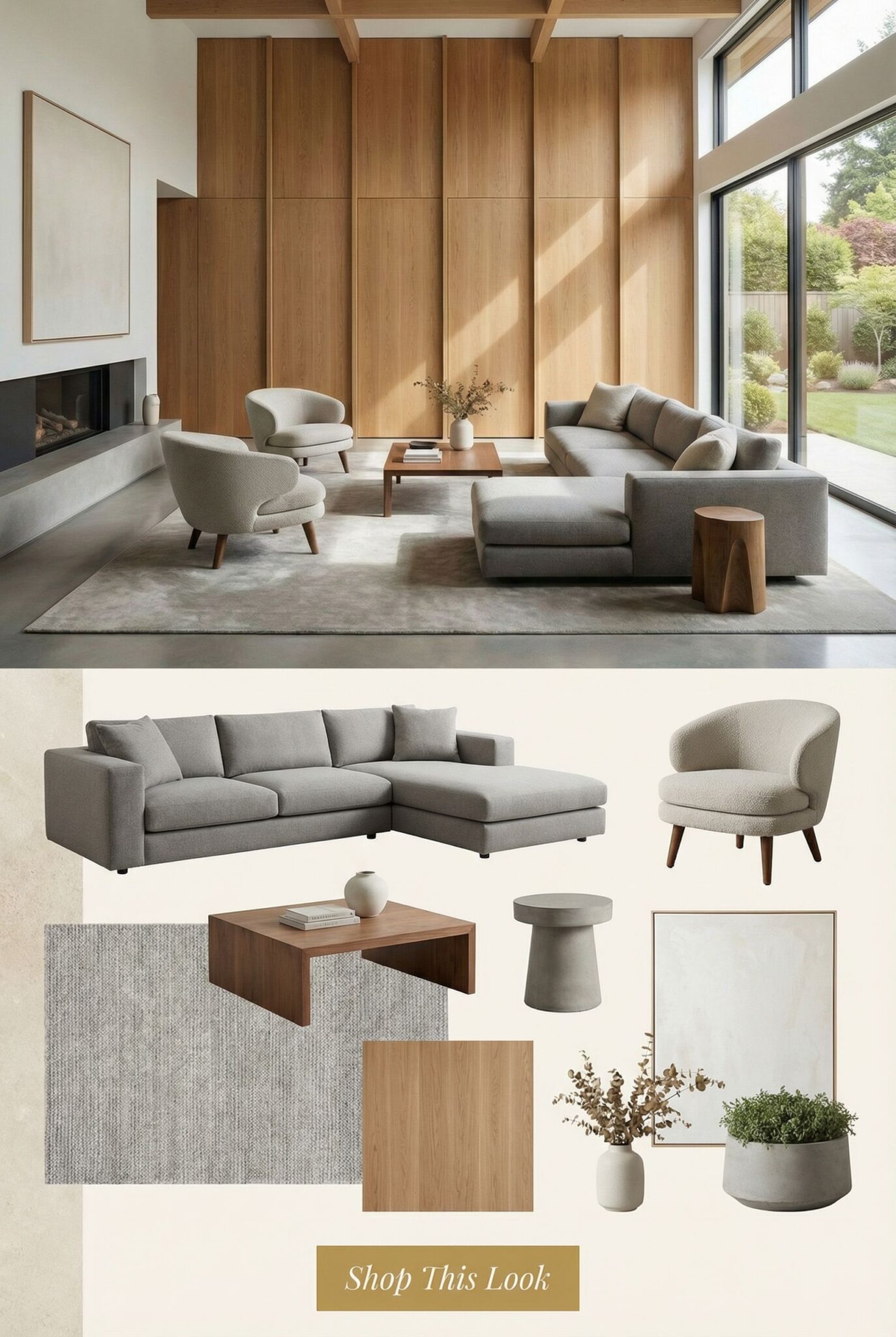 Quiet Luxury Living Room with Warm Wood Paneling and Neutral ...