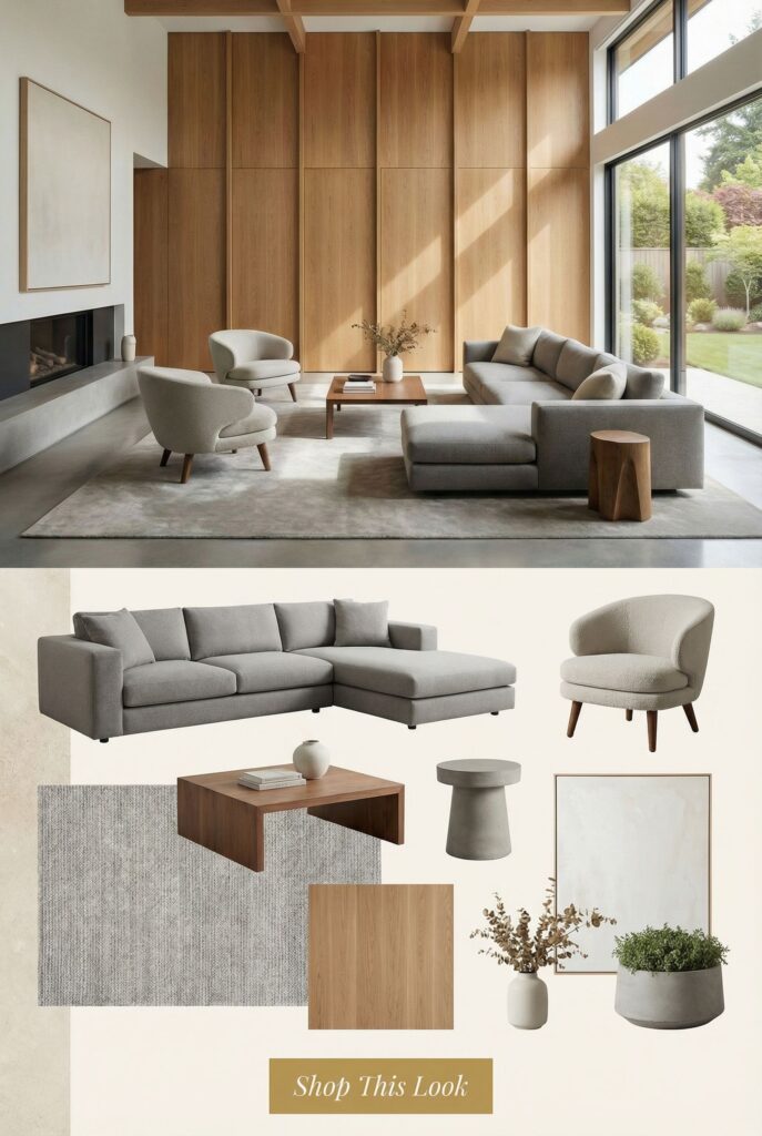 Quiet Luxury Living Room with Warm Wood Paneling and Neutral ...