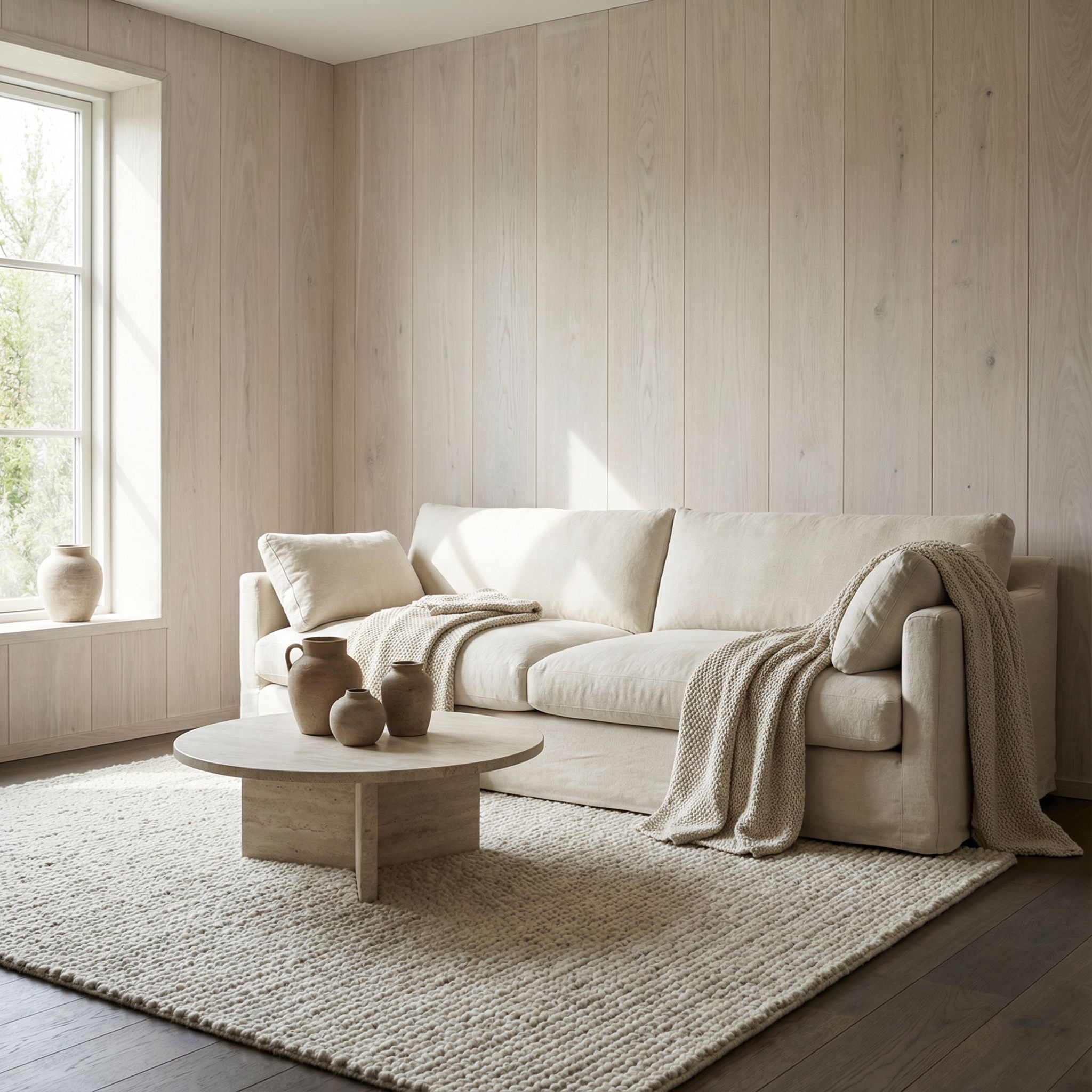 Quiet Luxury Living Room with Whitewashed Wood Panels
