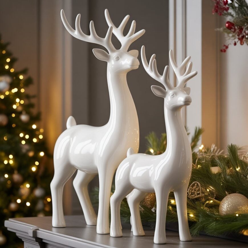 Two white ceramic reindeer figurines displayed on a surface with greenery, ornaments, and holiday lights in the background.