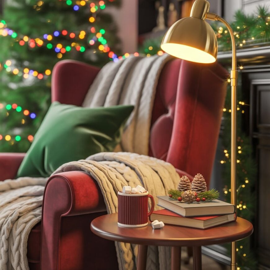 A red armchair with a green pillow and beige blanket sits beside a small table holding a mug of hot cocoa, books, and pinecone decor, near a lit Christmas tree.