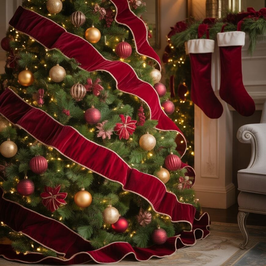 A Christmas tree decorated with red ribbon, red and gold ornaments, and warm lights stands near a fireplace with matching stockings.