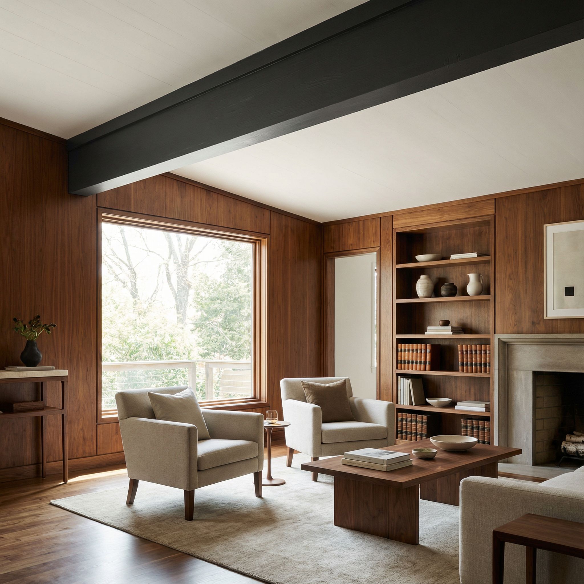 Refined Wood Panel Living Room with Painted Ceiling Beam Contrast
