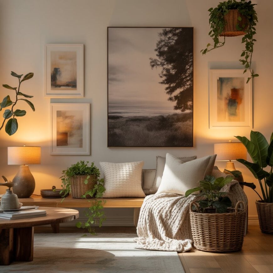 A cozy living room with neutral pillows and blankets, warm table lamps, wall art, and several potted plants in woven baskets.
