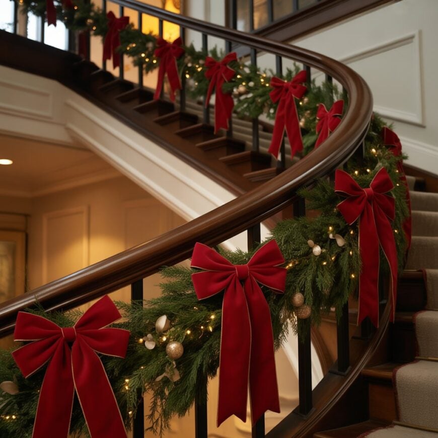 Staircase decorated with green garland, red velvet bows, and warm string lights.