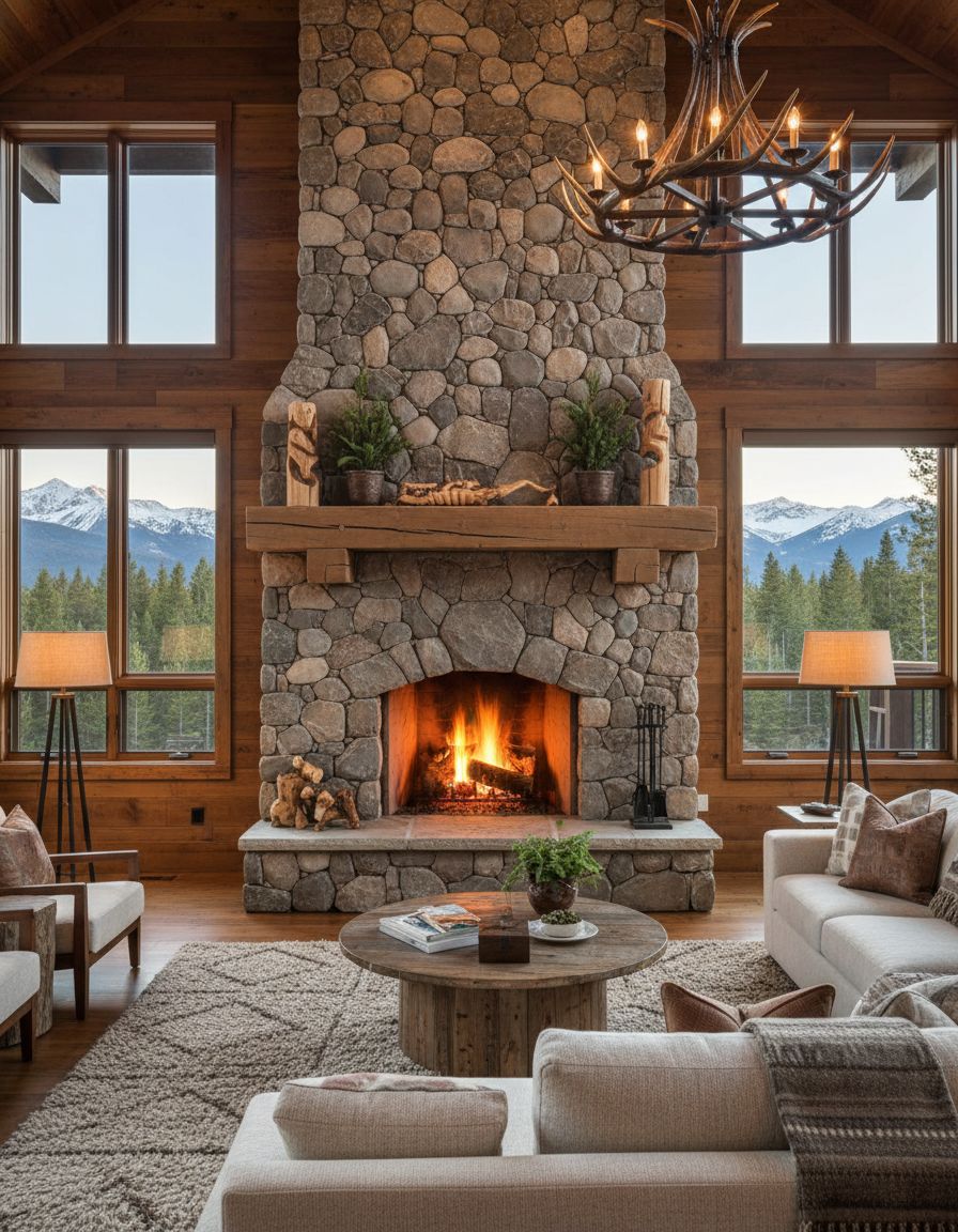 River Rock Stone Fireplace in Mountain Retreat Living Room