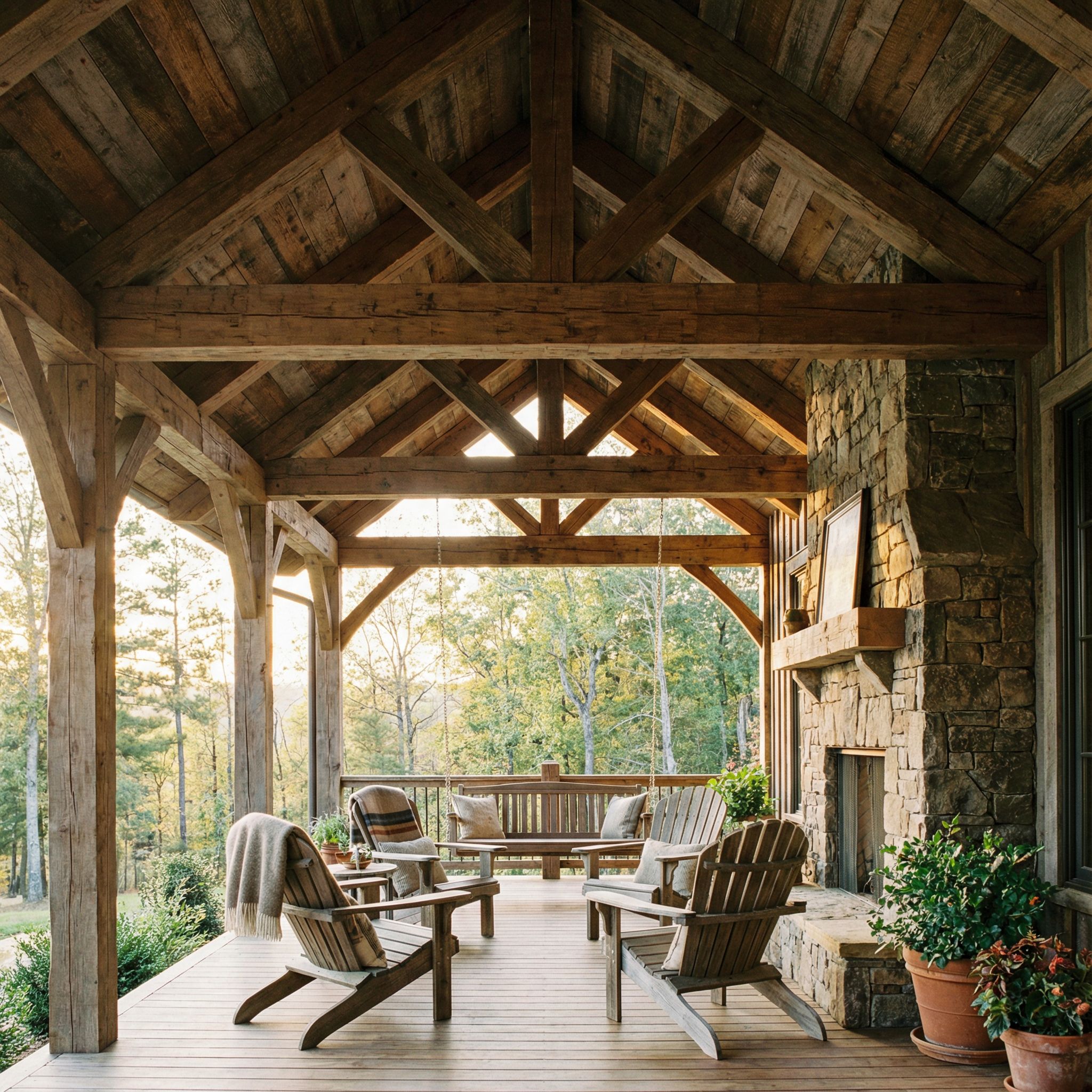 Rustic Covered Front Porch with Wood Beams