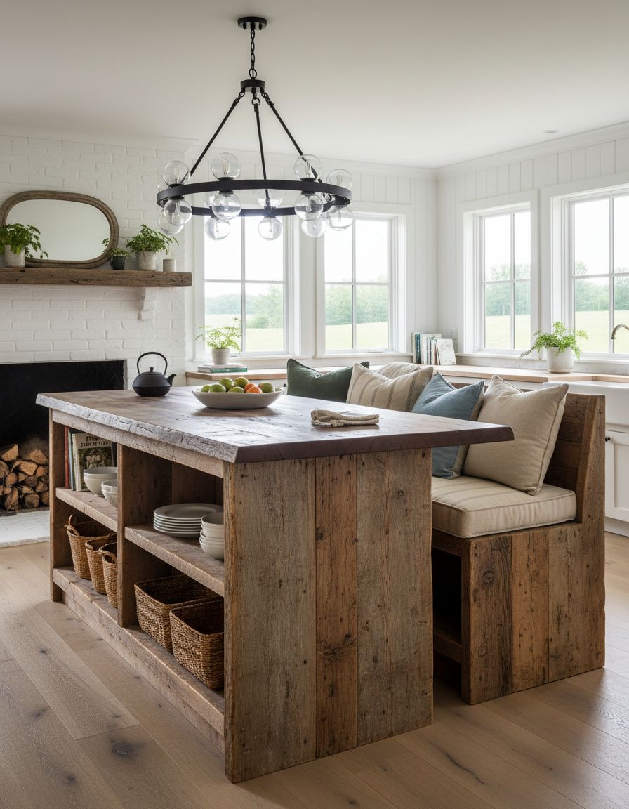 Rustic Farmhouse Banquette Kitchen Island with Reclaimed Wood